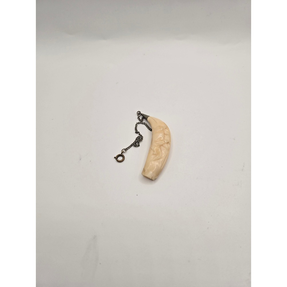 Antique Carved Tusk Tooth Pendant with Silver Tone Cap and Chain Vintage Charm